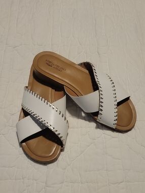 White Leather Cross-Strap Slide Sandals By Sophia Milano